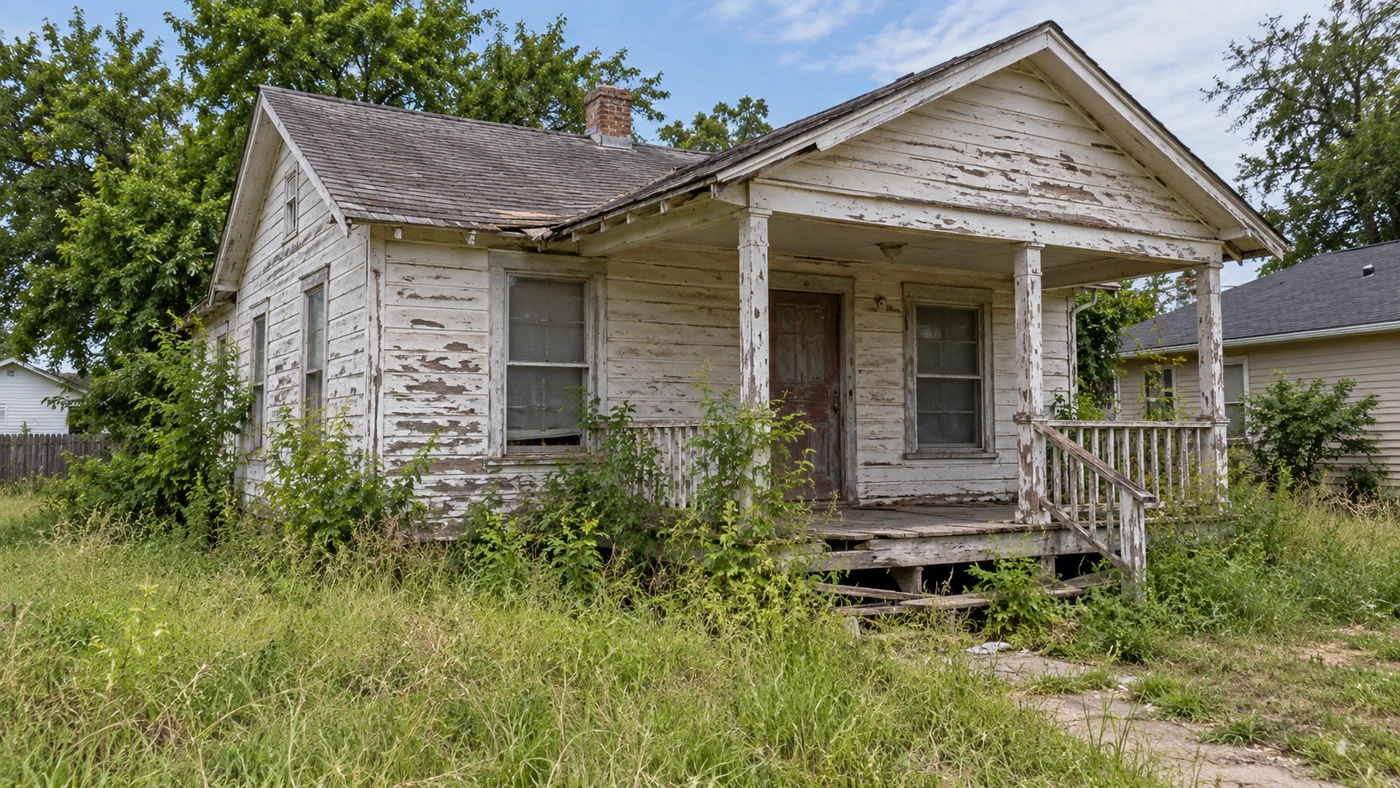 Illustrative older house with worn siding, porch damage and an overgrown yard